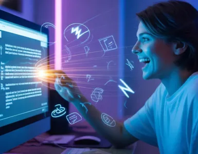 Playground : image ou photo représentant une personne assise devant un ordinateur avec une expression de surprise et de satisfaction. L’écran affiche une interface futuriste lumineuse avec du texte qui se génère tout seul.