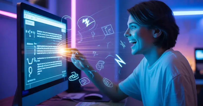 Playground : image ou photo représentant une personne assise devant un ordinateur avec une expression de surprise et de satisfaction. L’écran affiche une interface futuriste lumineuse avec du texte qui se génère tout seul.