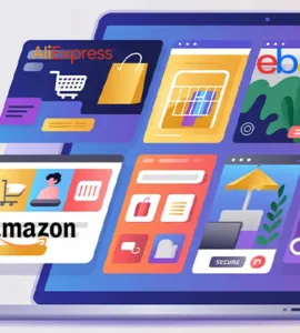 Sites web vente en ligne : image ou photo d’un ordinateur portable affichant plusieurs boutiques en ligne avec des icônes de panier, colis, promotions et paiement sécurisé. Style professionnel, couleurs modernes bleu, violet et orange, ambiance e-commerce tendance. Ajouter discrètement des éléments représentant Amazon, Cdiscount, eBay, AliExpress et Fnac sans logos officiels.