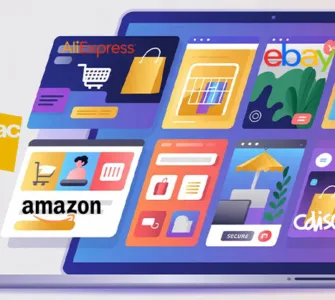 Sites web vente en ligne : image ou photo d’un ordinateur portable affichant plusieurs boutiques en ligne avec des icônes de panier, colis, promotions et paiement sécurisé. Style professionnel, couleurs modernes bleu, violet et orange, ambiance e-commerce tendance. Ajouter discrètement des éléments représentant Amazon, Cdiscount, eBay, AliExpress et Fnac sans logos officiels.