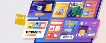 Sites web vente en ligne : image ou photo d’un ordinateur portable affichant plusieurs boutiques en ligne avec des icônes de panier, colis, promotions et paiement sécurisé. Style professionnel, couleurs modernes bleu, violet et orange, ambiance e-commerce tendance. Ajouter discrètement des éléments représentant Amazon, Cdiscount, eBay, AliExpress et Fnac sans logos officiels.