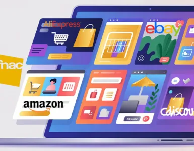 Sites web vente en ligne : image ou photo d’un ordinateur portable affichant plusieurs boutiques en ligne avec des icônes de panier, colis, promotions et paiement sécurisé. Style professionnel, couleurs modernes bleu, violet et orange, ambiance e-commerce tendance. Ajouter discrètement des éléments représentant Amazon, Cdiscount, eBay, AliExpress et Fnac sans logos officiels.