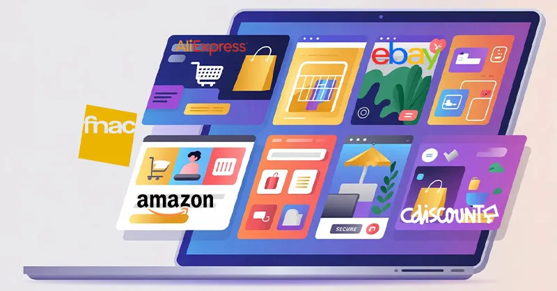 Sites web vente en ligne : image ou photo d’un ordinateur portable affichant plusieurs boutiques en ligne avec des icônes de panier, colis, promotions et paiement sécurisé. Style professionnel, couleurs modernes bleu, violet et orange, ambiance e-commerce tendance. Ajouter discrètement des éléments représentant Amazon, Cdiscount, eBay, AliExpress et Fnac sans logos officiels.