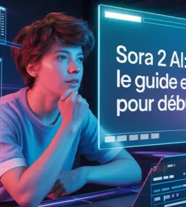Sora 2 AI : image ou photo d'un jeune créateur de contenu regarde un écran holographique affichant une vidéo générée par intelligence artificielle.