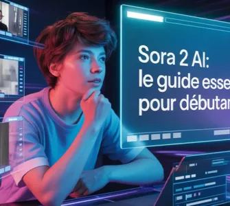 Sora 2 AI : image ou photo d'un jeune créateur de contenu regarde un écran holographique affichant une vidéo générée par intelligence artificielle.