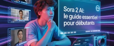 Sora 2 AI : image ou photo d'un jeune créateur de contenu regarde un écran holographique affichant une vidéo générée par intelligence artificielle.