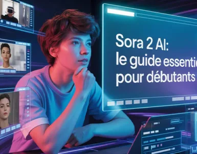 Sora 2 AI : image ou photo d'un jeune créateur de contenu regarde un écran holographique affichant une vidéo générée par intelligence artificielle.