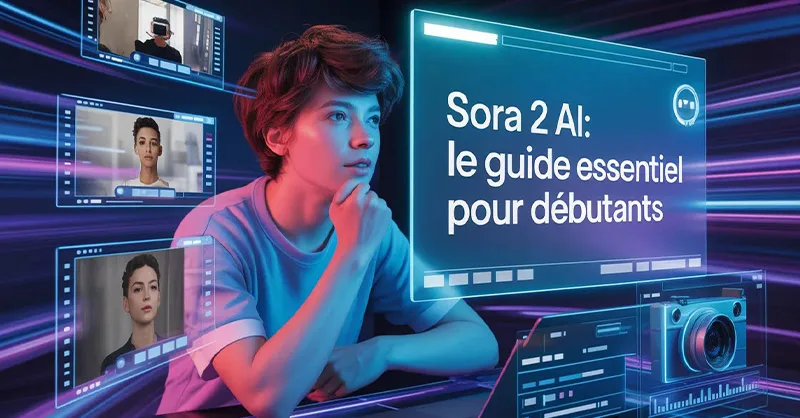 Sora 2 AI : image ou photo d'un jeune créateur de contenu regarde un écran holographique affichant une vidéo générée par intelligence artificielle.