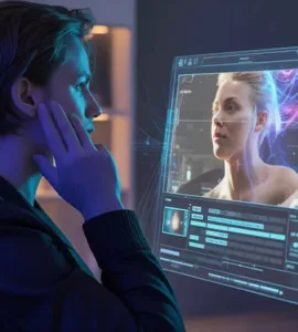 Veo : image ou photo d'un créateur de contenu regarde un écran holographique affichant une vidéo générée par IA avec effets cinématographiques, néons bleus et ambiance futuriste.