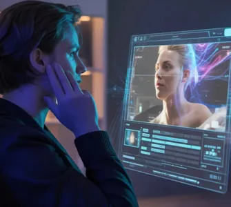 Veo : image ou photo d'un créateur de contenu regarde un écran holographique affichant une vidéo générée par IA avec effets cinématographiques, néons bleus et ambiance futuriste.