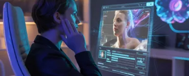 Veo : image ou photo d'un créateur de contenu regarde un écran holographique affichant une vidéo générée par IA avec effets cinématographiques, néons bleus et ambiance futuriste.