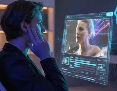 Veo : image ou photo d'un créateur de contenu regarde un écran holographique affichant une vidéo générée par IA avec effets cinématographiques, néons bleus et ambiance futuriste.