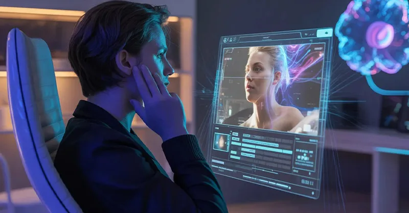 Veo : image ou photo d'un créateur de contenu regarde un écran holographique affichant une vidéo générée par IA avec effets cinématographiques, néons bleus et ambiance futuriste.