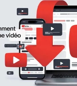 Youtube - télécharger une vidéo : image ou photo d'un smartphone et un ordinateur affichant YouTube, avec une grosse flèche de téléchargement rouge et des icônes vidéo HD.