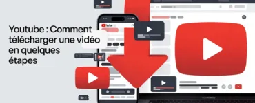 Youtube - télécharger une vidéo : image ou photo d'un smartphone et un ordinateur affichant YouTube, avec une grosse flèche de téléchargement rouge et des icônes vidéo HD.