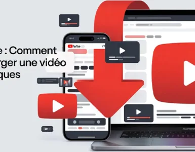 Youtube - télécharger une vidéo : image ou photo d'un smartphone et un ordinateur affichant YouTube, avec une grosse flèche de téléchargement rouge et des icônes vidéo HD.