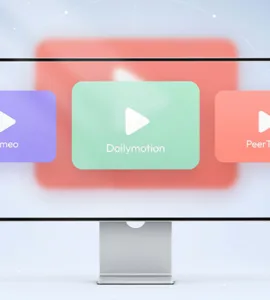 Alternative Youtube : image ou photo représentant un écran d’ordinateur au centre avec trois cartes vidéo représentant des plateformes alternatives comme Vimeo, Dailymotion et PeerTube.