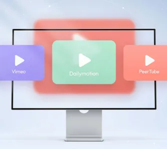 Alternative Youtube : image ou photo représentant un écran d’ordinateur au centre avec trois cartes vidéo représentant des plateformes alternatives comme Vimeo, Dailymotion et PeerTube.