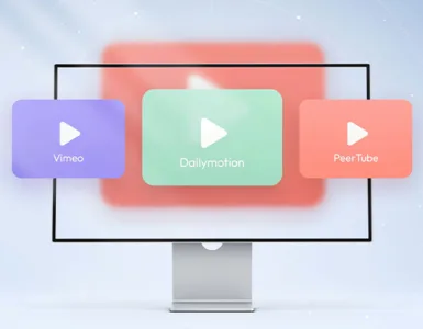 Alternative Youtube : image ou photo représentant un écran d’ordinateur au centre avec trois cartes vidéo représentant des plateformes alternatives comme Vimeo, Dailymotion et PeerTube.