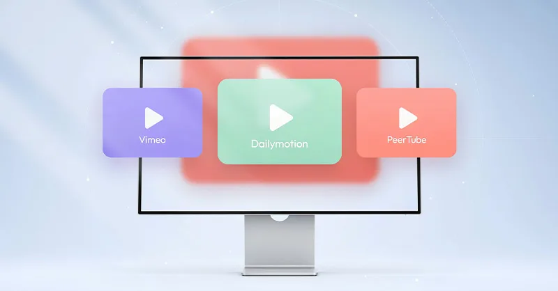 Alternative Youtube : image ou photo représentant un écran d’ordinateur au centre avec trois cartes vidéo représentant des plateformes alternatives comme Vimeo, Dailymotion et PeerTube.