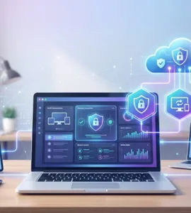 Alternatives à AnyDesk : image ou photo d'un ordinateur portable ouvert au centre, avec un écran affichant une connexion à distance entre plusieurs appareils : PC, tablette et smartphone. En arrière-plan, on peut voir de petites icônes de sécurité, de cloud, de souris, de clavier et de partage d’écran.