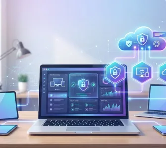 Alternatives à AnyDesk : image ou photo d'un ordinateur portable ouvert au centre, avec un écran affichant une connexion à distance entre plusieurs appareils : PC, tablette et smartphone. En arrière-plan, on peut voir de petites icônes de sécurité, de cloud, de souris, de clavier et de partage d’écran.