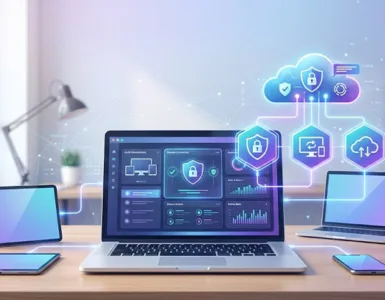 Alternatives à AnyDesk : image ou photo d'un ordinateur portable ouvert au centre, avec un écran affichant une connexion à distance entre plusieurs appareils : PC, tablette et smartphone. En arrière-plan, on peut voir de petites icônes de sécurité, de cloud, de souris, de clavier et de partage d’écran.