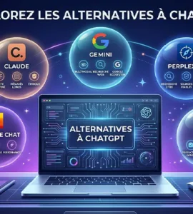 Alternative à chatgpt : image ou photo d'un visuel moderne avec un ordinateur ouvert au centre, entouré de 5 bulles lumineuses représentant les alternatives à chatgpt : Claude, Gemini, Perplexity, Microsoft copilot et Mistral le chat.