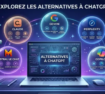 Alternative à chatgpt : image ou photo d'un visuel moderne avec un ordinateur ouvert au centre, entouré de 5 bulles lumineuses représentant les alternatives à chatgpt : Claude, Gemini, Perplexity, Microsoft copilot et Mistral le chat.