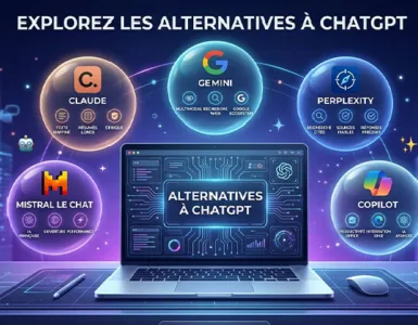 Alternative à chatgpt : image ou photo d'un visuel moderne avec un ordinateur ouvert au centre, entouré de 5 bulles lumineuses représentant les alternatives à chatgpt : Claude, Gemini, Perplexity, Microsoft copilot et Mistral le chat.