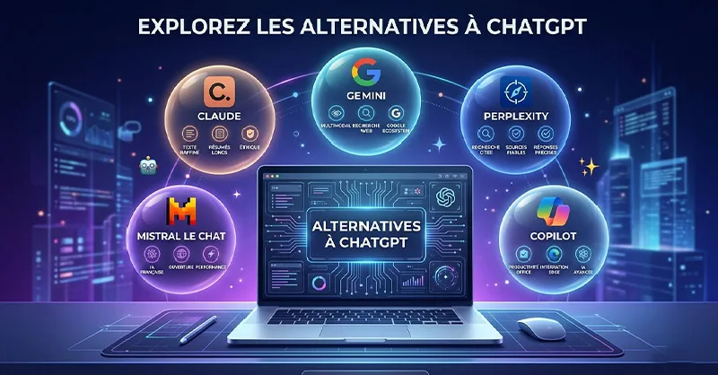 Alternative à chatgpt : image ou photo d'un visuel moderne avec un ordinateur ouvert au centre, entouré de 5 bulles lumineuses représentant les alternatives à chatgpt : Claude, Gemini, Perplexity, Microsoft copilot et Mistral le chat.