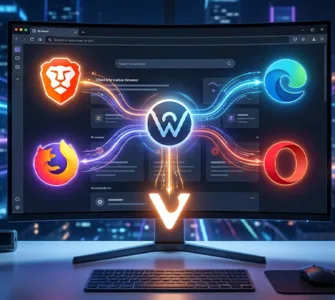 Alternatives à Chrome : image ou photo d'un écran d’ordinateur ouvert sur une page web moderne, avec au centre une grande icône de navigateur. Autour, 5 petites icônes stylisées représentant Brave, Firefox, Edge, Opera et Vivaldi, comme des chemins alternatifs qui partent de Chrome.