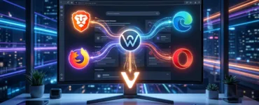 Alternatives à Chrome : image ou photo d'un écran d’ordinateur ouvert sur une page web moderne, avec au centre une grande icône de navigateur. Autour, 5 petites icônes stylisées représentant Brave, Firefox, Edge, Opera et Vivaldi, comme des chemins alternatifs qui partent de Chrome.