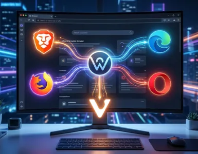 Alternatives à Chrome : image ou photo d'un écran d’ordinateur ouvert sur une page web moderne, avec au centre une grande icône de navigateur. Autour, 5 petites icônes stylisées représentant Brave, Firefox, Edge, Opera et Vivaldi, comme des chemins alternatifs qui partent de Chrome.