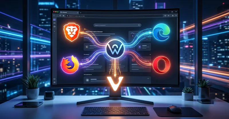 Alternatives à Chrome : image ou photo d'un écran d’ordinateur ouvert sur une page web moderne, avec au centre une grande icône de navigateur. Autour, 5 petites icônes stylisées représentant Brave, Firefox, Edge, Opera et Vivaldi, comme des chemins alternatifs qui partent de Chrome.