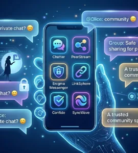 Alternatives à Facebook : image ou photo d'un smartphone affichant plusieurs icônes de réseaux sociaux alternatives. Autour du téléphone, des bulles de discussion lumineuses, des petits cadenas pour symboliser la confidentialité, et quelques silhouettes humaines connectées entre elles.