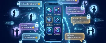 Alternatives à Facebook : image ou photo d'un smartphone affichant plusieurs icônes de réseaux sociaux alternatives. Autour du téléphone, des bulles de discussion lumineuses, des petits cadenas pour symboliser la confidentialité, et quelques silhouettes humaines connectées entre elles.