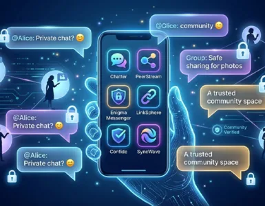 Alternatives à Facebook : image ou photo d'un smartphone affichant plusieurs icônes de réseaux sociaux alternatives. Autour du téléphone, des bulles de discussion lumineuses, des petits cadenas pour symboliser la confidentialité, et quelques silhouettes humaines connectées entre elles.