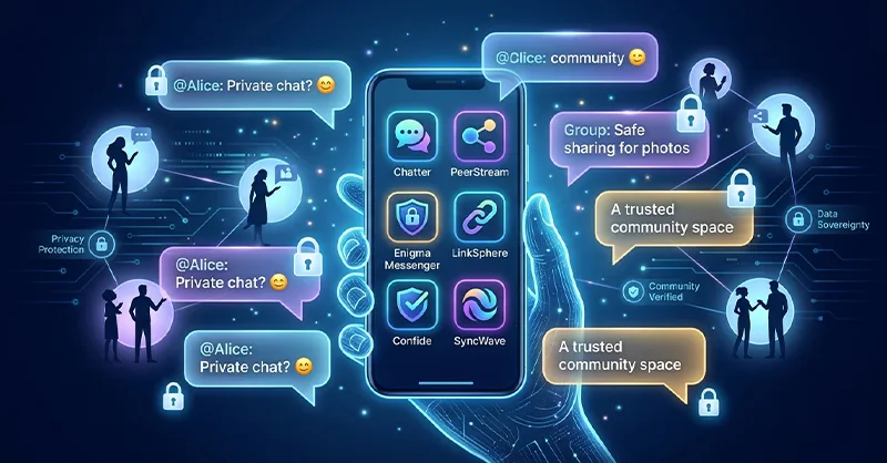 Alternatives à Facebook : image ou photo d'un smartphone affichant plusieurs icônes de réseaux sociaux alternatives. Autour du téléphone, des bulles de discussion lumineuses, des petits cadenas pour symboliser la confidentialité, et quelques silhouettes humaines connectées entre elles.