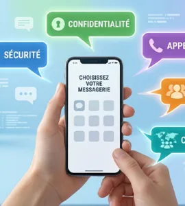 Alternatives à WhatsApp : image ou photo moderne et professionnelle montrant un smartphone au centre avec plusieurs bulles de discussion autour. Chaque bulle représente une application de messagerie différente : sécurité, confidentialité, appels, groupes et communauté.