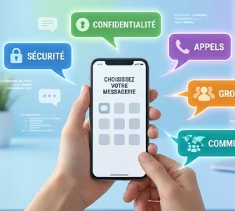 Alternatives à WhatsApp : image ou photo moderne et professionnelle montrant un smartphone au centre avec plusieurs bulles de discussion autour. Chaque bulle représente une application de messagerie différente : sécurité, confidentialité, appels, groupes et communauté.