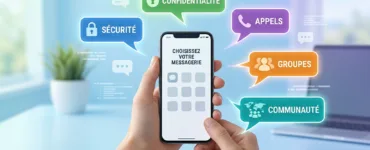 Alternatives à WhatsApp : image ou photo moderne et professionnelle montrant un smartphone au centre avec plusieurs bulles de discussion autour. Chaque bulle représente une application de messagerie différente : sécurité, confidentialité, appels, groupes et communauté.