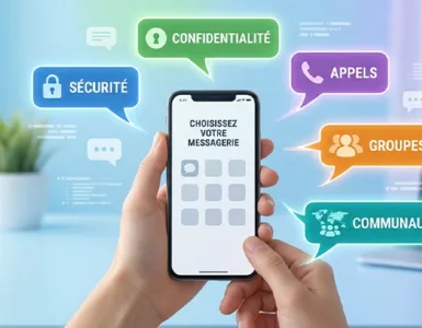 Alternatives à WhatsApp : image ou photo moderne et professionnelle montrant un smartphone au centre avec plusieurs bulles de discussion autour. Chaque bulle représente une application de messagerie différente : sécurité, confidentialité, appels, groupes et communauté.
