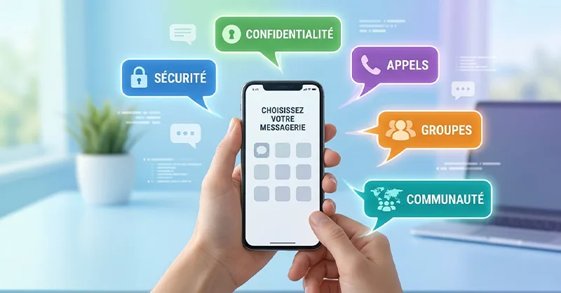 Alternatives à WhatsApp : image ou photo moderne et professionnelle montrant un smartphone au centre avec plusieurs bulles de discussion autour. Chaque bulle représente une application de messagerie différente : sécurité, confidentialité, appels, groupes et communauté.