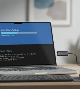 Clé USB bootable : image ou photo d'une clé USB moderne branchée sur un ordinateur portable affichant un écran d'installation de Windows et de Linux en arrière-plan.