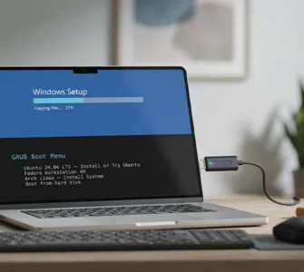 Clé USB bootable : image ou photo d'une clé USB moderne branchée sur un ordinateur portable affichant un écran d'installation de Windows et de Linux en arrière-plan.
