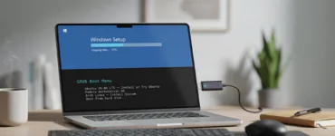 Clé USB bootable : image ou photo d'une clé USB moderne branchée sur un ordinateur portable affichant un écran d'installation de Windows et de Linux en arrière-plan.