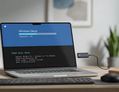 Clé USB bootable : image ou photo d'une clé USB moderne branchée sur un ordinateur portable affichant un écran d'installation de Windows et de Linux en arrière-plan.