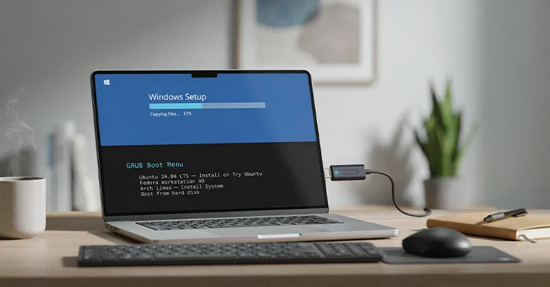 Clé USB bootable : image ou photo d'une clé USB moderne branchée sur un ordinateur portable affichant un écran d'installation de Windows et de Linux en arrière-plan.