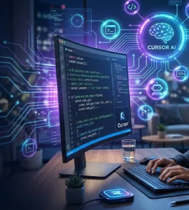 Cursor ai : image ou photo d'un développeur assis devant un ordinateur, avec une interface de code moderne à l’écran. Autour de lui, de petites bulles lumineuses représentent l’intelligence artificielle, l’aide au codage, la correction d’erreurs et la génération de code.